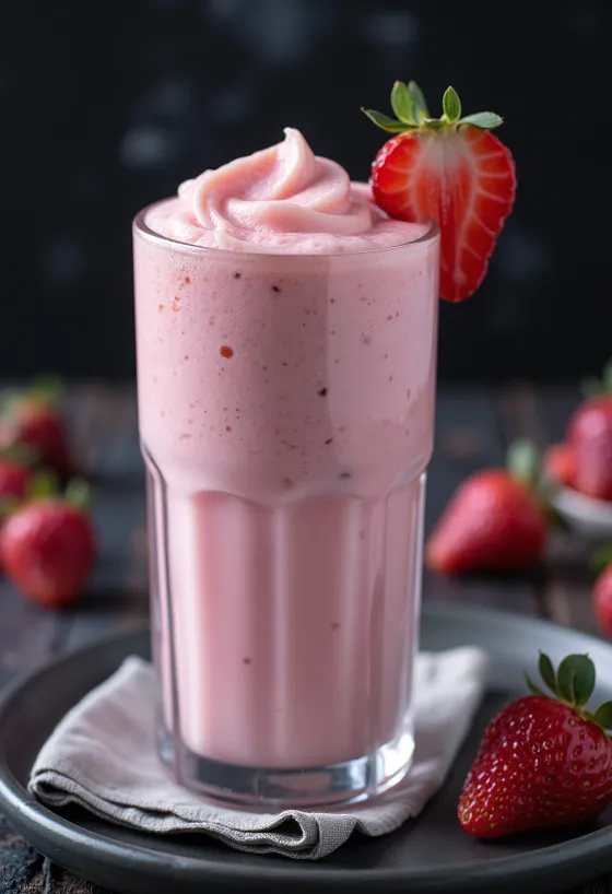 Milkshake stroberi kental disajikan dalam gelas kaca