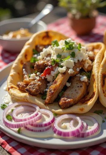 Gyros daging ekstra dengan ayam panggang, daging sapi, daging domba, dan saus tzatziki