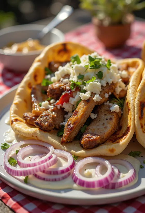 Gyros daging ekstra dengan ayam panggang, daging sapi, daging domba, dan saus tzatziki