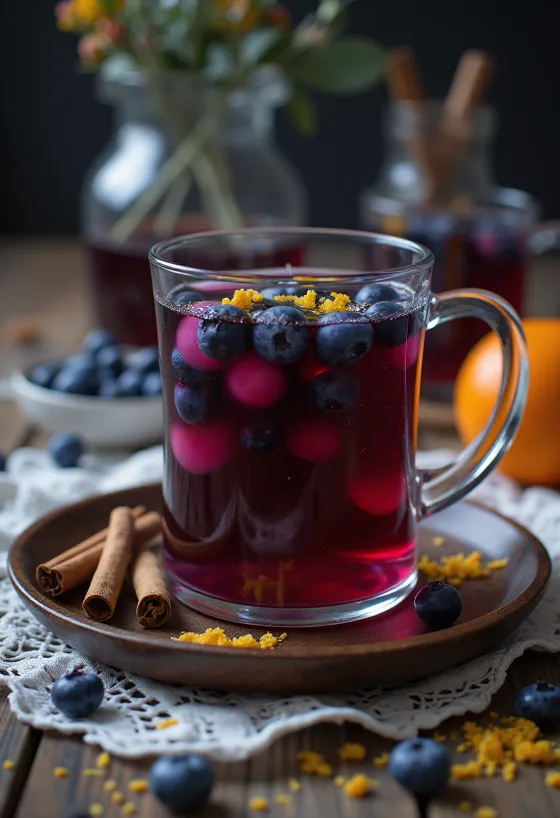 Cider blueberry kayu manis dihiasi dengan batang kayu manis dan blueberry