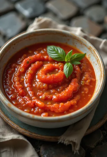 Saus tomat merah klasik dengan hiasan daun kemangi segar