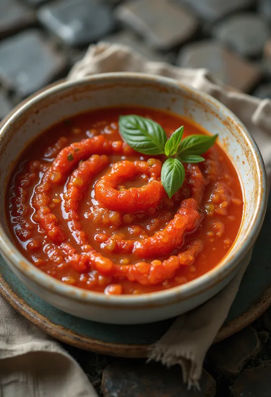 Saus tomat merah klasik dengan hiasan daun kemangi segar