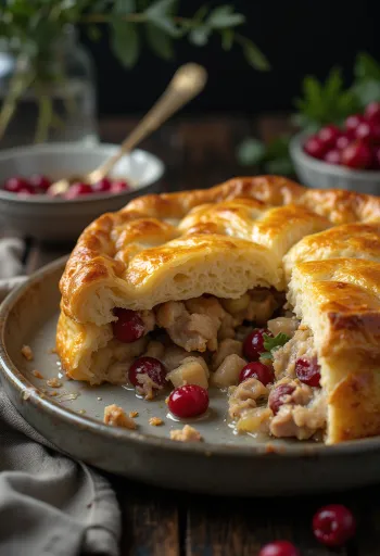 Pai pot burung partridge dan cranberry disajikan dalam piring rustik dengan puff pastry keemasan.