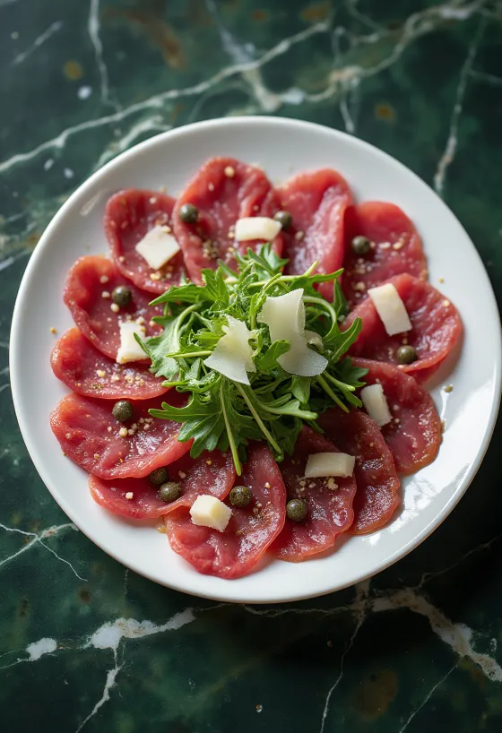 Carpaccio rusa dihiasi dengan arugula dan Parmesan
