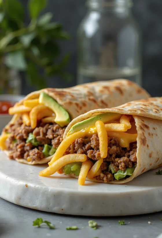 Burrito California dengan kentang goreng, daging sapi, dan keju