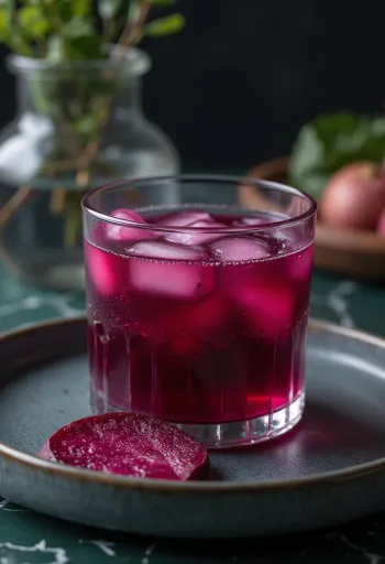 Jus bit dalam gelas tinggi, dihiasi dengan sayuran dan buah segar