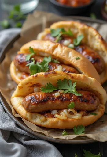Cevapi dalam pita, baru dipanggang dan berwarna cokelat keemasan, disajikan di atas roti pita