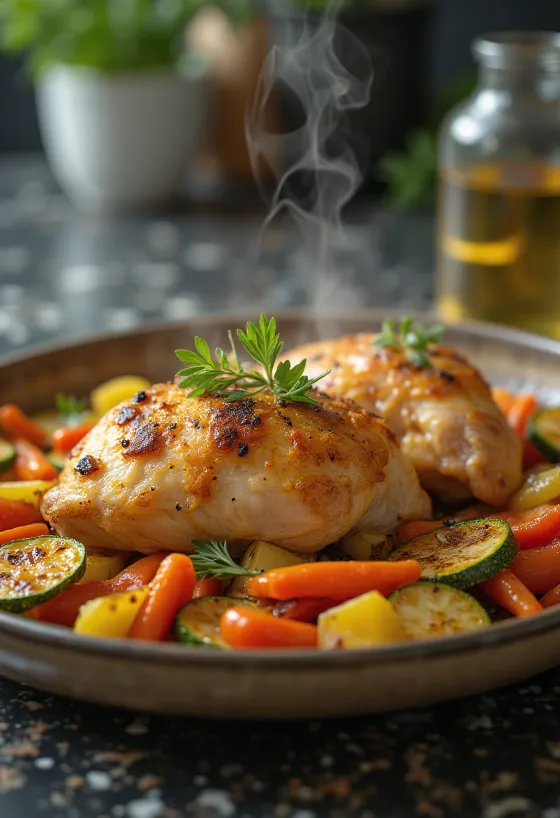 Dada ayam panggang emas di atas nampan sayuran berwarna-warni