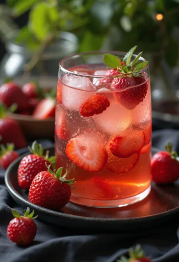 Minuman sari buah apel dengan stroberi dan daun kemangi segar