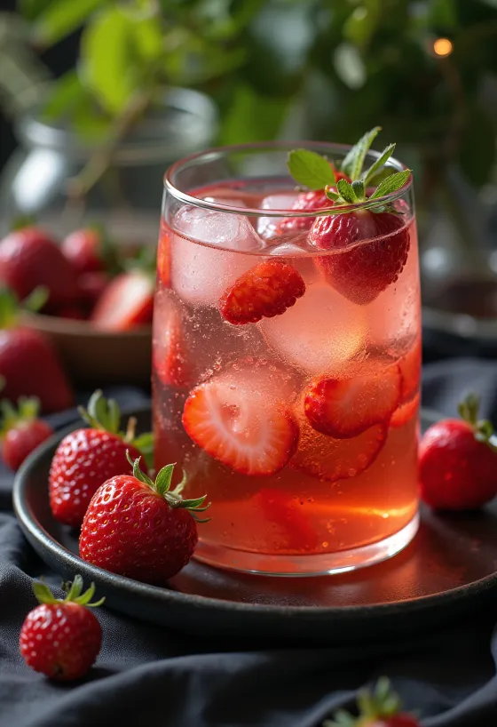 Minuman sari buah apel dengan stroberi dan daun kemangi segar