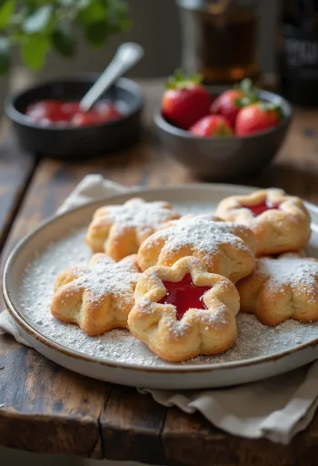 Linzer stroberi ditaburi gula halus, diisi selai