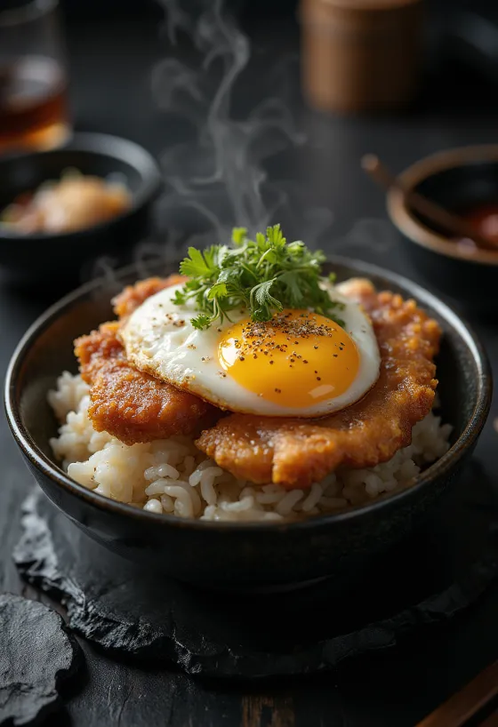 Katsu Don disajikan, dengan daging goreng renyah dan daun bawang
