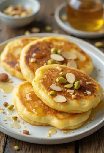 Pancake Malpua disajikan dengan madu dan pistachio