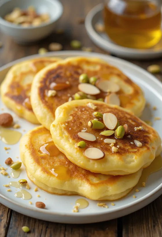 Pancake Malpua disajikan dengan madu dan pistachio