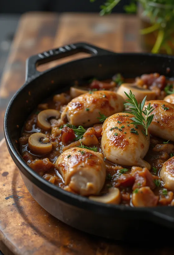 Casserole burung pegar disajikan dalam piring rustik dengan rempah segar.