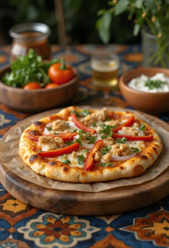 Pizza gaya Nigeria dengan ayam bumbu suya dan dasar minyak sawit