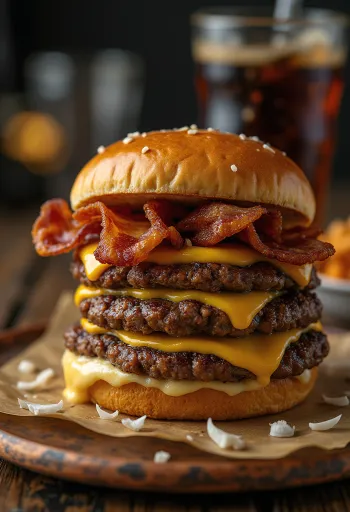 Burger tiga daging yang baru dibuat dengan patty daging ekstra