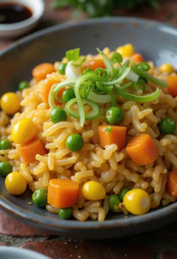 Nasi goreng vegan dengan sayuran, disajikan segar dalam wajan wok.