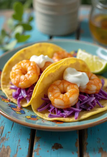 Taco camaron disajikan dengan jeruk nipis dan ketumbar