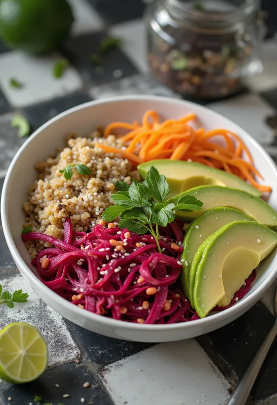 Buddha bowl quinoa bit disajikan dengan sayuran segar