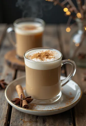 Chai tea latte dalam cangkir, dihiasi dengan kayu manis dan kapulaga