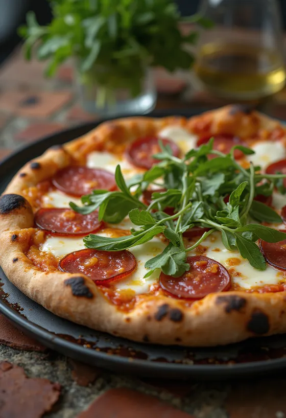 Diavola pizza dengan arugula dan salami pedas