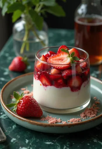 Parfait stroberi berlapis dan dihiasi mint segar