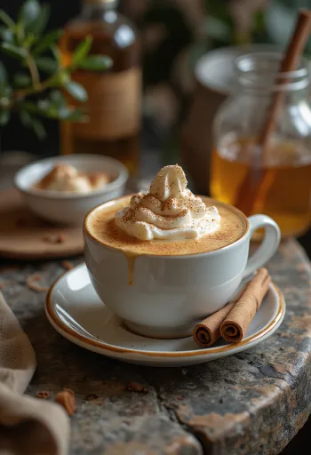 Latte kayu manis madu dengan krim kocok dan batang kayu manis
