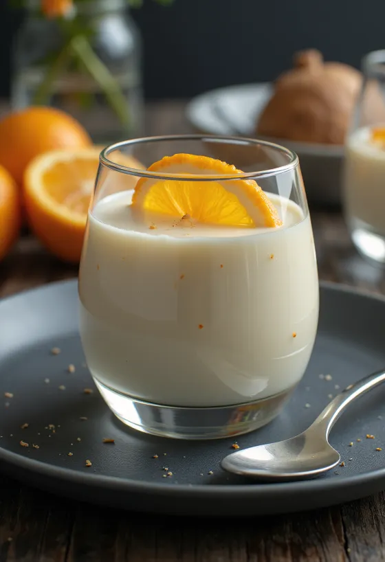 Panna cotta jeruk disajikan