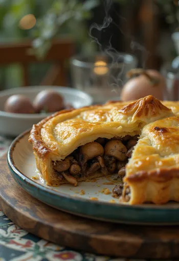 Pai burung dara disajikan dengan kulit keemasan.