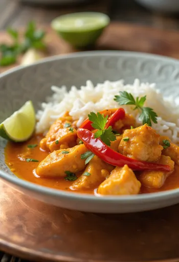 Ayam Thailand dengan santan, disajikan dengan nasi melati