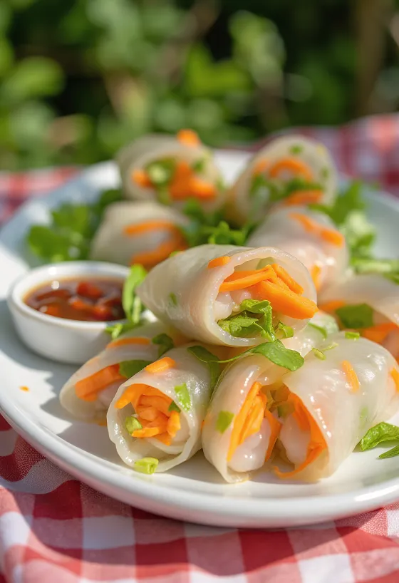 Lumpia basah vegan disajikan dengan saus celup kecap asin