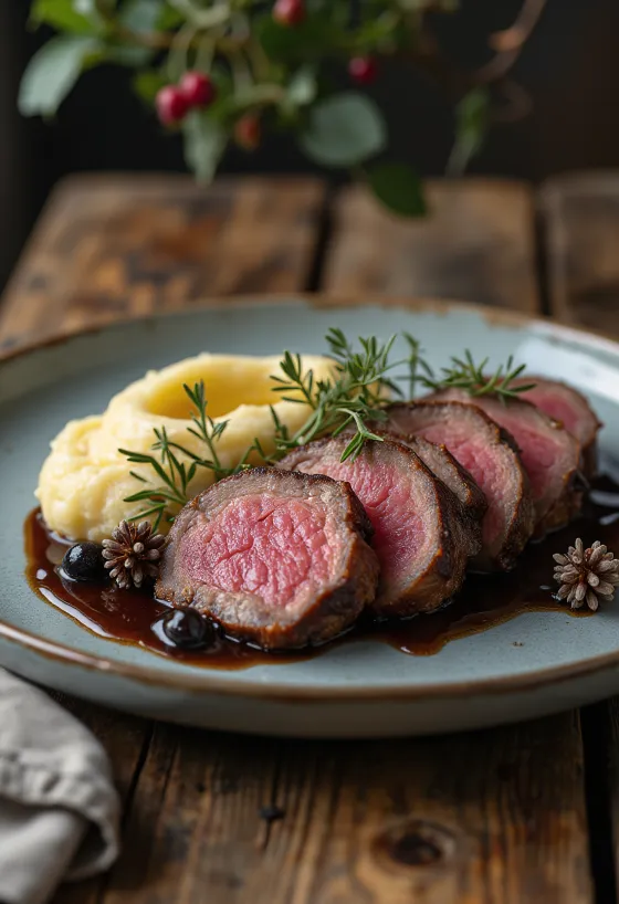 Punggung rusa dengan saus juniper disajikan dengan sayuran panggang