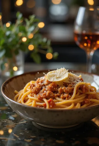 Spaghetti Bolognese dengan taburan kemangi segar dan parmesan