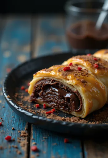Strudel cokelat cabai disajikan di piring putih