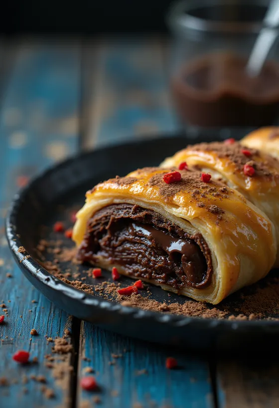 Strudel cokelat cabai disajikan di piring putih