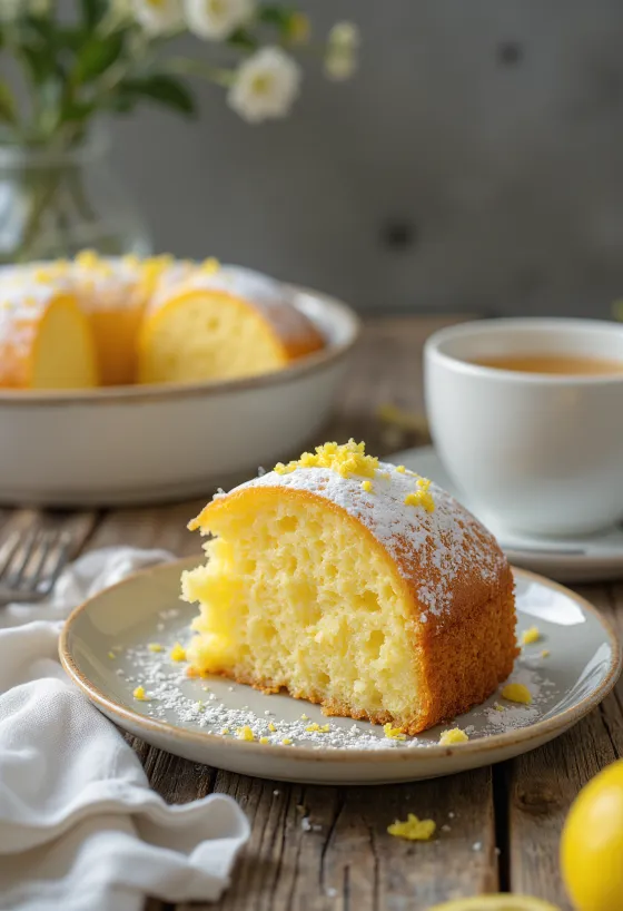 Kue lemon dengan kulit lemon segar dan taburan gula halus
