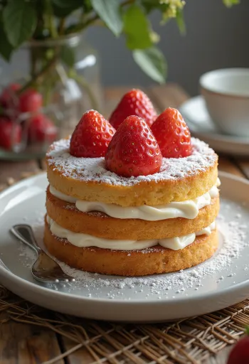 Kue stroberi disajikan di piring