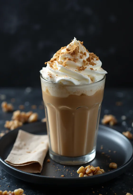 Frappuccino kenari kayu manis dengan krim kocok dan kenari giling