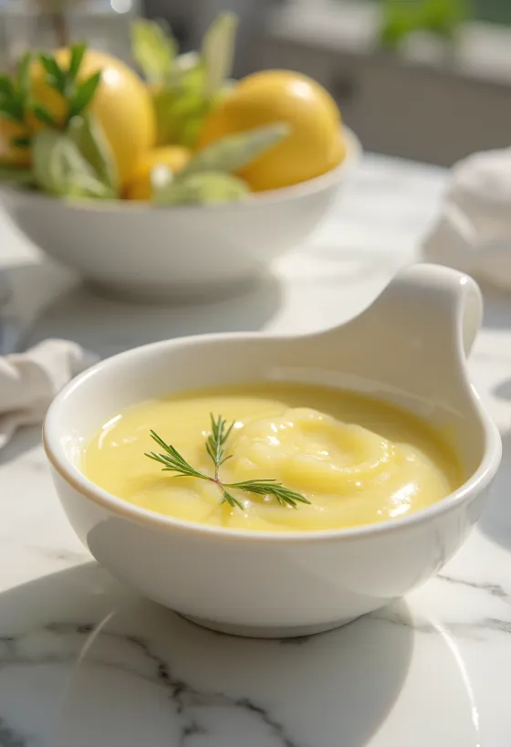 Saus krim kuning pucat dengan potongan rosemary halus
