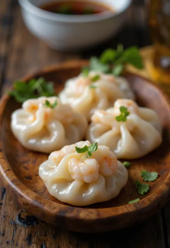 Dumpling udang thai disajikan dengan kulit transparan kukus