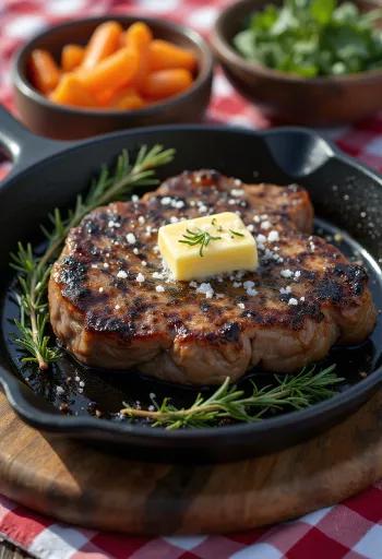 Steak daging Yak disajikan dengan sayuran panggang dan rosemary segar