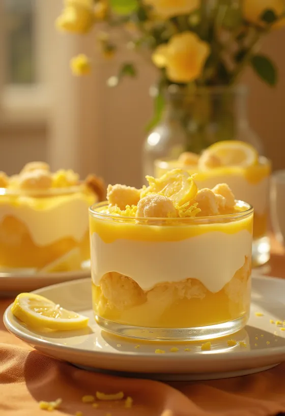 Mimpi Lemon dengan lapisan biskuit dan krim mascarpone, dihiasi dengan lemon segar