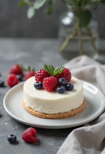 Kue mousse cokelat putih disajikan dengan buah beri