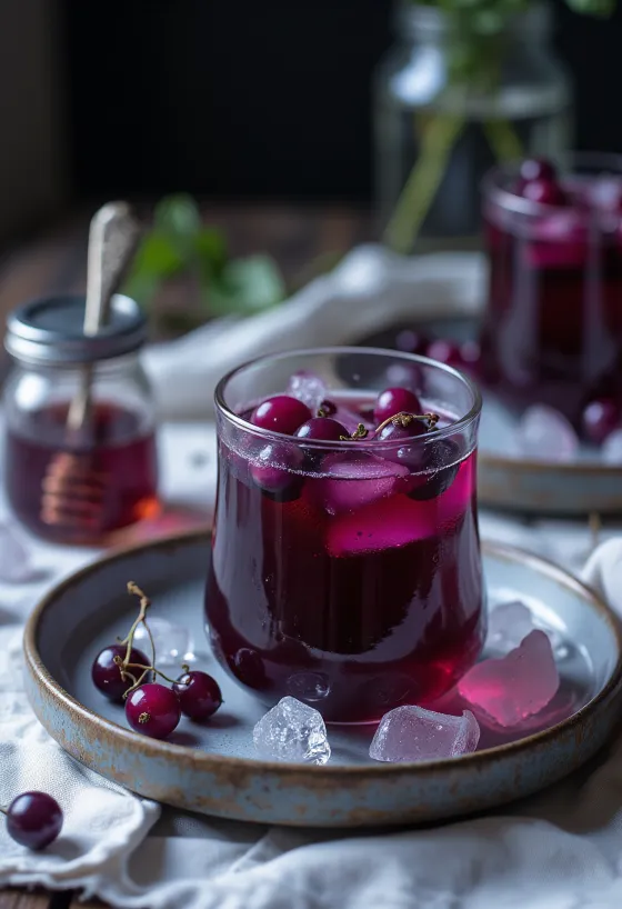 Es teh blackcurrant berwarna ungu gelap dalam gelas