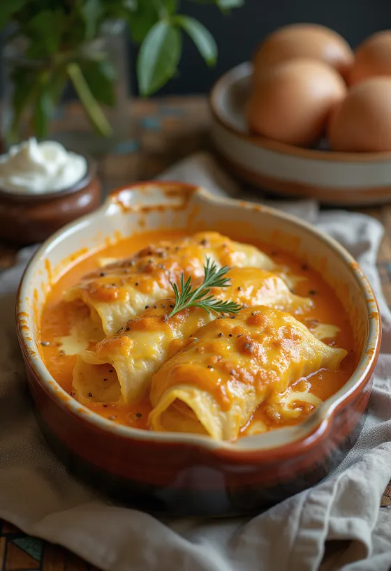 Pancake isi daging juicy giling, dipanggang cokelat keemasan