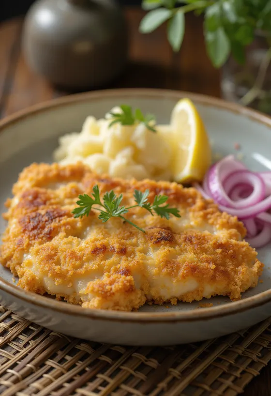 Schnitzel sapi dengan salad kentang disajikan di piring.