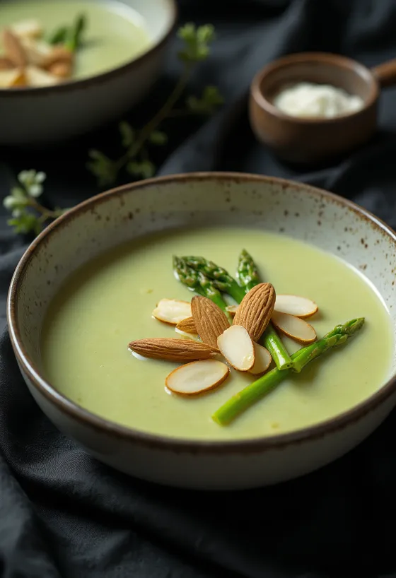 Sup krim asparagus susu almond disajikan