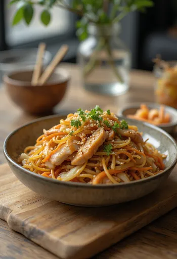 Yakisoba dengan ayam, mie wok Jepang dengan sayuran renyah