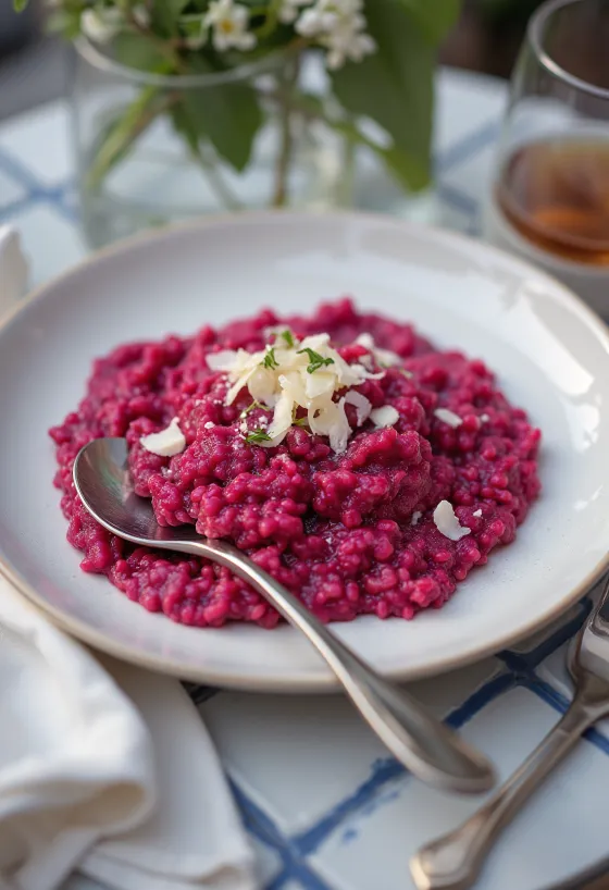 Risotto bit, tekstur lembut, disajikan dengan peterseli segar dan parmesan vegan.